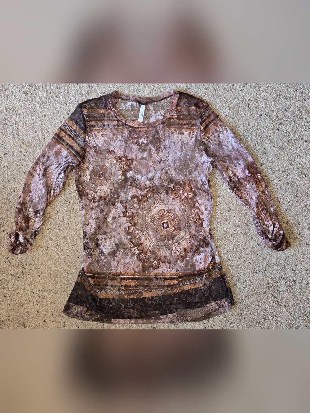 Vintage-Inspired Sheer Mesh Paisley Top Brown Mauve Boho Y2K Blouse